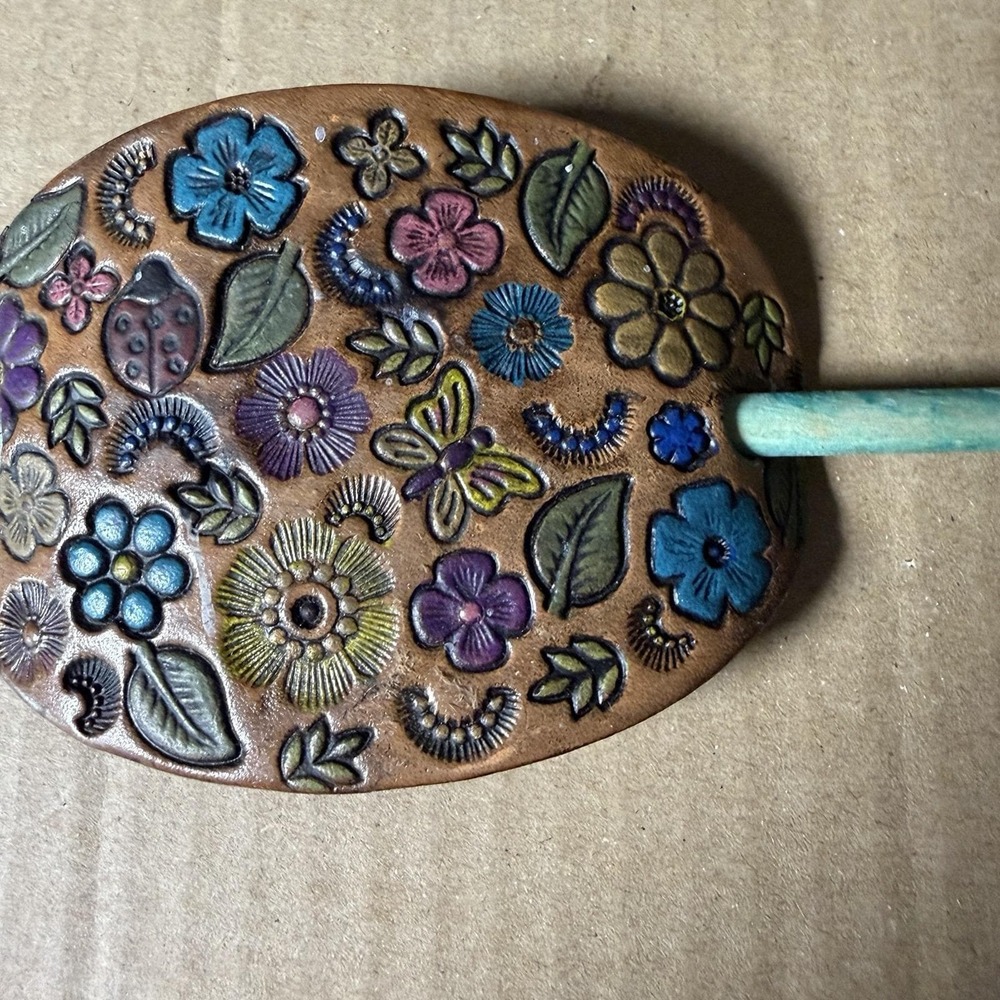 Tooled Leather Hair Barrette Stick Slide Hand Painted Flowers Ladybug Boho
